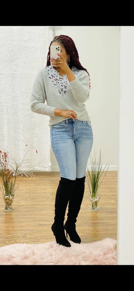 Crochet lace trim cozy sweater