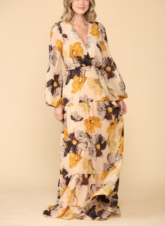 Floral print open sleeves Maxi Dress - L / Mustard