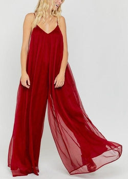 Flowy chiffon adjustable strap jumpsuit - S / Wine