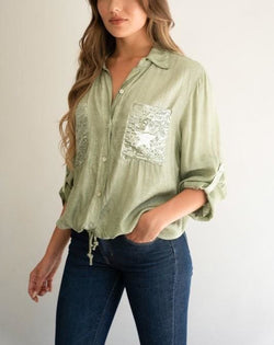 Star open collar button down Italian top